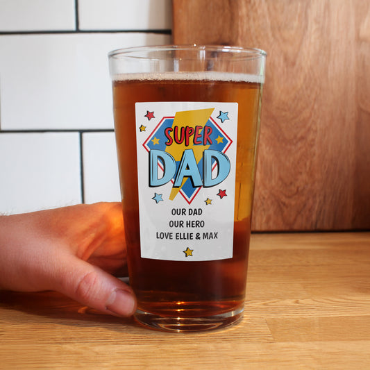 Personalised “Super Dad” Printed Pint Glass – Custom Gift for Him