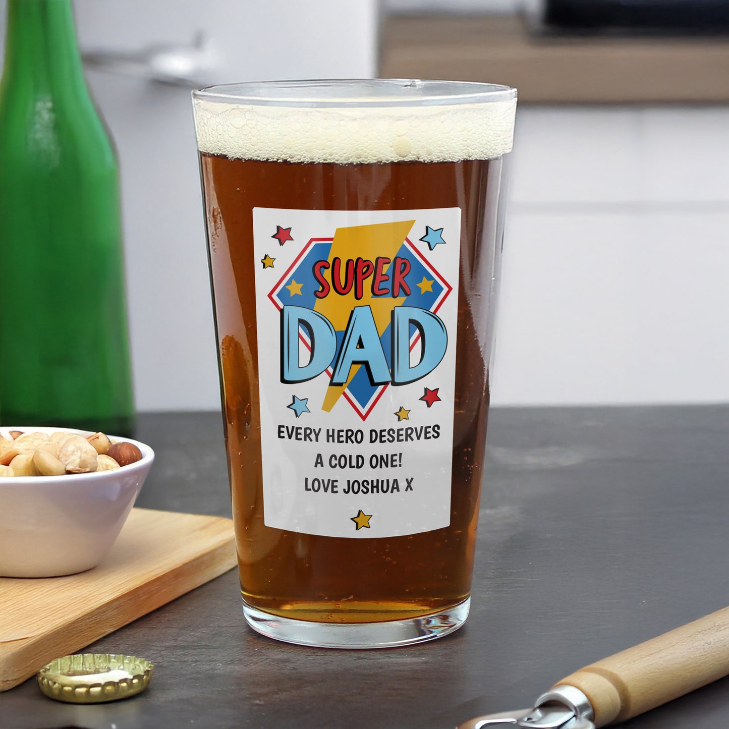 Personalised “Super Dad” Printed Pint Glass – Custom Gift for Him