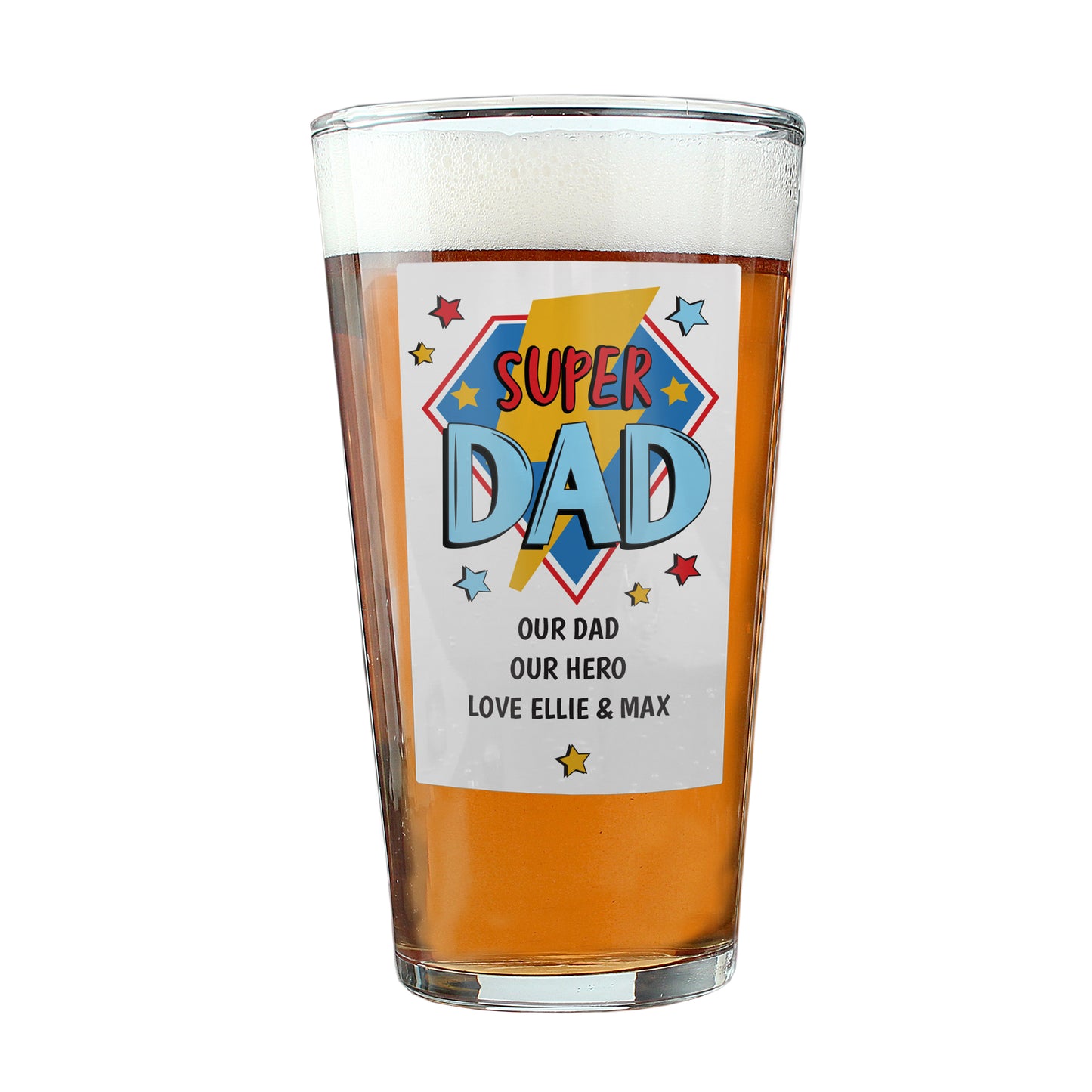 Personalised “Super Dad” Printed Pint Glass – Custom Gift for Him
