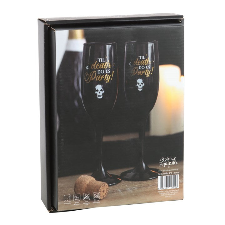 ‘Til Death Do Us Party’ Black & Gold Champagne Glasses – Romantic & Playful
