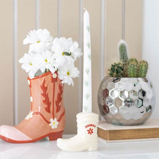 Cowboy Boot & Cactus Taper Candle Holder Set
