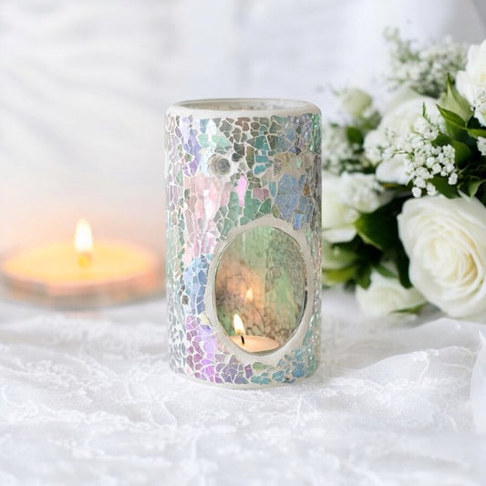 Pillar Light Blue Iridescent Crackle Oil Burner and Wax Warmer