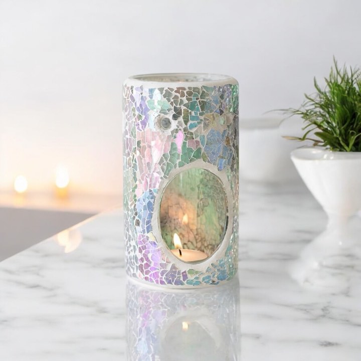 Pillar Light Blue Iridescent Crackle Oil Burner and Wax Warmer