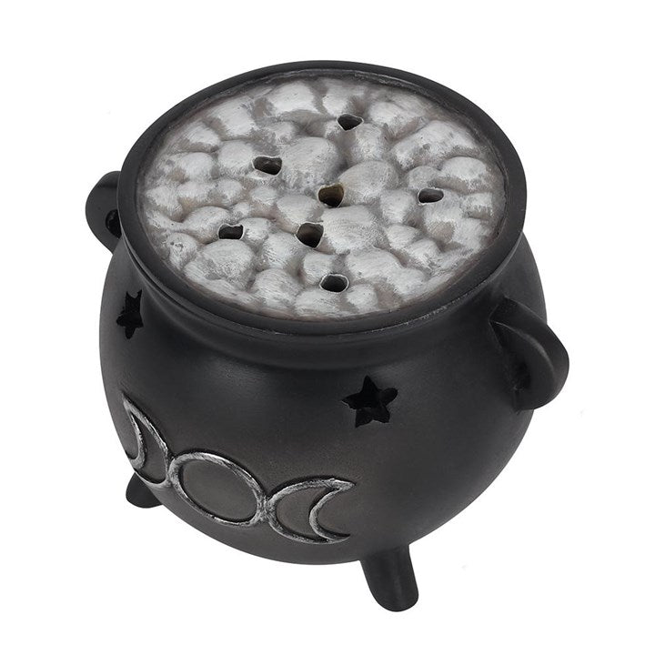 Triple Moon Cauldron Incense Cone Burner – Silver Effect with Bubbling Brew Lid
