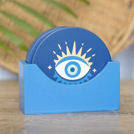 All Seeing Eye Coaster Set – 4 Blue Coasters with Holder