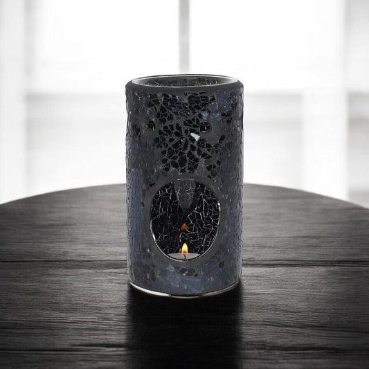 Black Crackle Glass Pillar Oil Burner and Wax Warmer