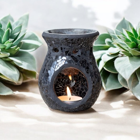 Small Black Crackle Glass Oil Burner and Wax Warmer