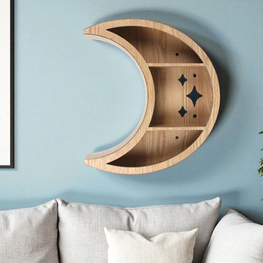 Wooden Crescent Moon Wall Shelf – Light Wood Grain