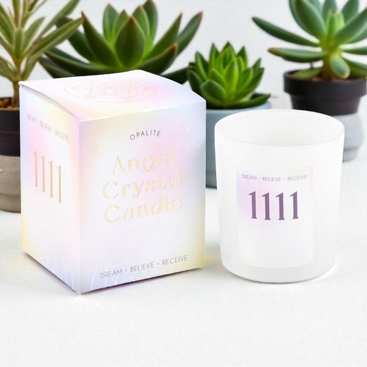 1111 Angel Number Crystal Chip Candle – Opalite, Lavender & Patchouli