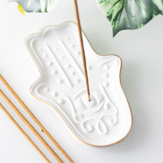 White Hamsa Hand Incense Stick Holder – Spiritual Ceramic Décor