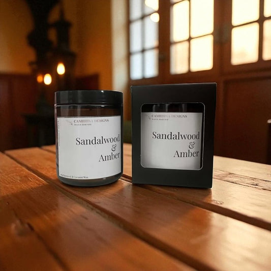Sandalwood & Amber Candle in Amber Jar – Hand-Poured Luxury