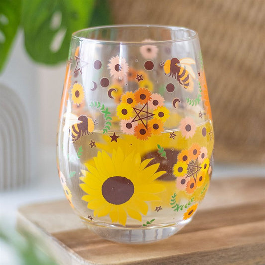 Summer Solstice Stemless Glass – Sunflowers, Bees & Moon Phases
