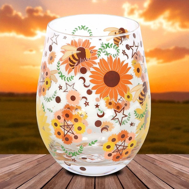 Summer Solstice Stemless Glass – Sunflowers, Bees & Moon Phases