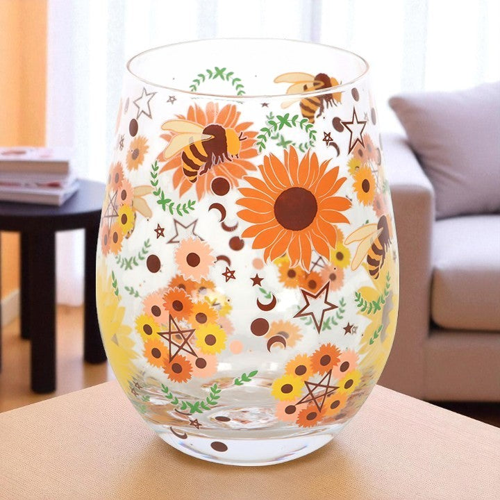 Summer Solstice Stemless Glass – Sunflowers, Bees & Moon Phases