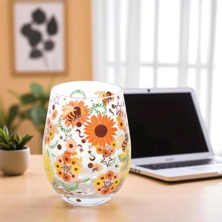 Summer Solstice Stemless Glass – Sunflowers, Bees & Moon Phases