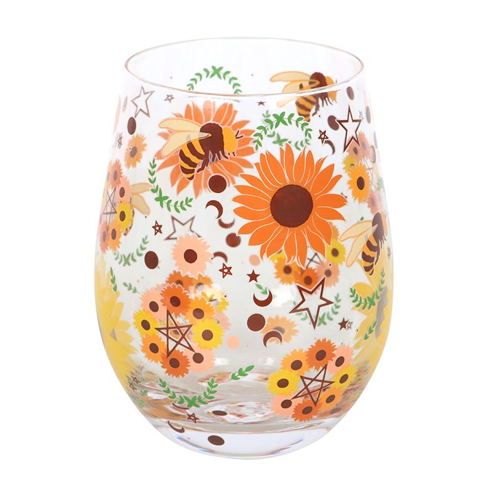 Summer Solstice Stemless Glass – Sunflowers, Bees & Moon Phases