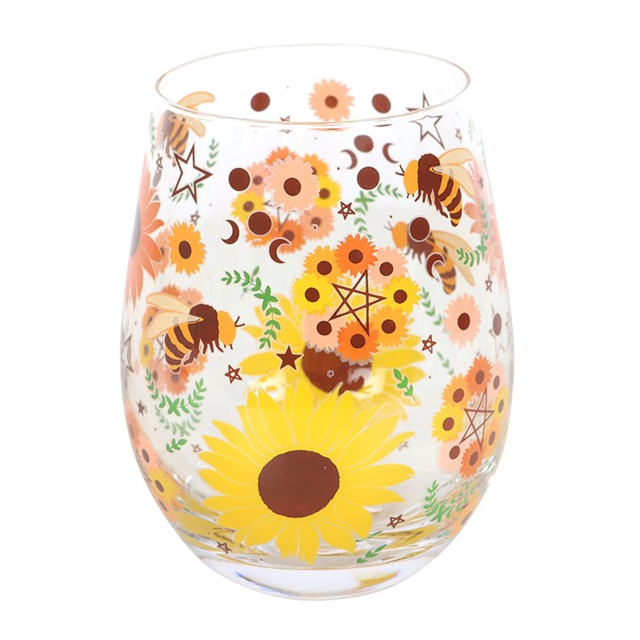 Summer Solstice Stemless Glass – Sunflowers, Bees & Moon Phases