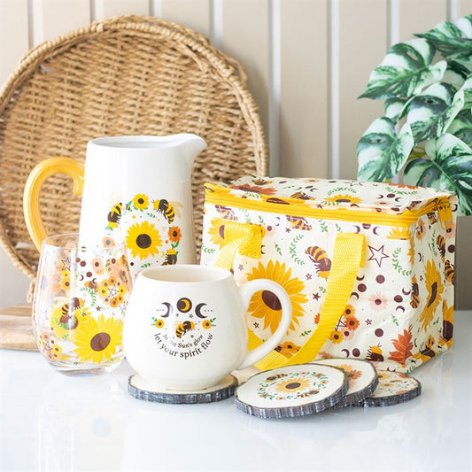 Summer Solstice Stemless Glass – Sunflowers, Bees & Moon Phases