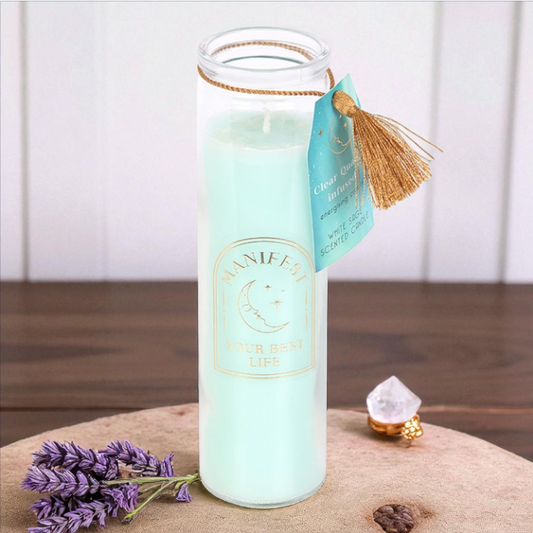 White Sage Tube Candle with Clear Quartz Crystals – Manifest Your Best Life