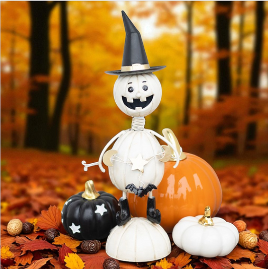 White Metal Pumpkin Man Ornament with Witch Hat – Spooky Seasonal Décor