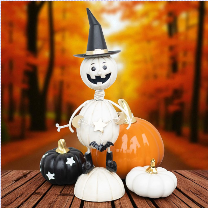 White Metal Pumpkin Man Ornament with Witch Hat – Spooky Seasonal Décor