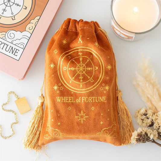 Tan Velvet Tarot Drawstring Bag – The Wheel Design