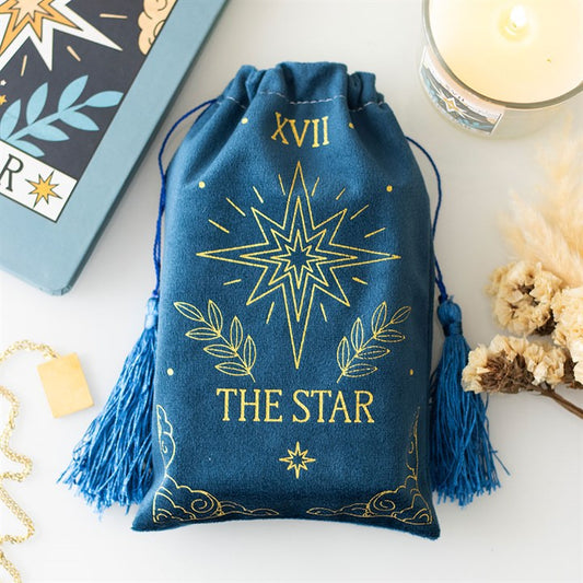 The Star Tarot Velvet Drawstring Bag – Soft Blue with Gold Detail