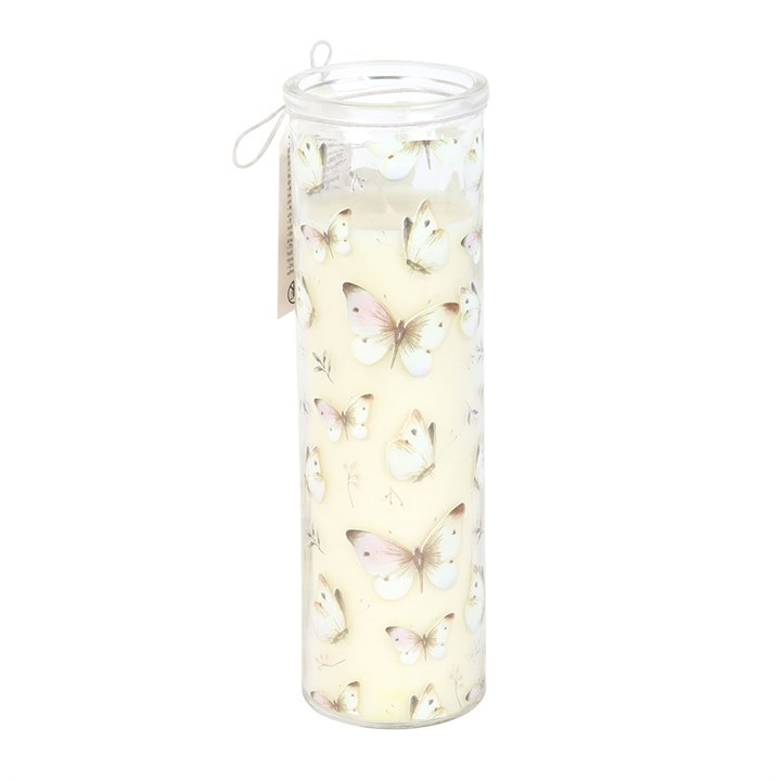 Tall clear glass candle with decorative butterflies on a white background