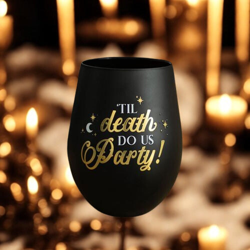 ‘Til Death Do Us Party’ Black & Gold Stemless Wine Glass – Dark Humour & Elegant