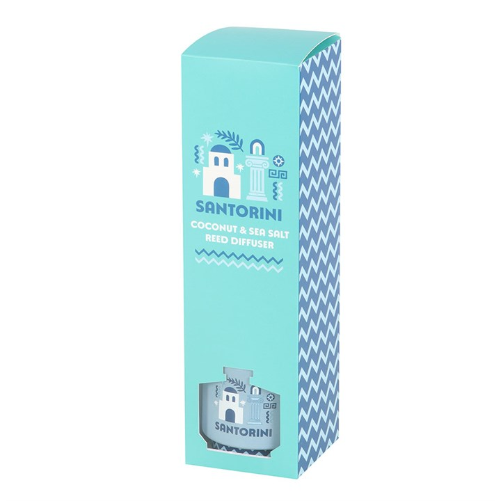Santorini coconut & sea salt reed diffuser packaging on a white background