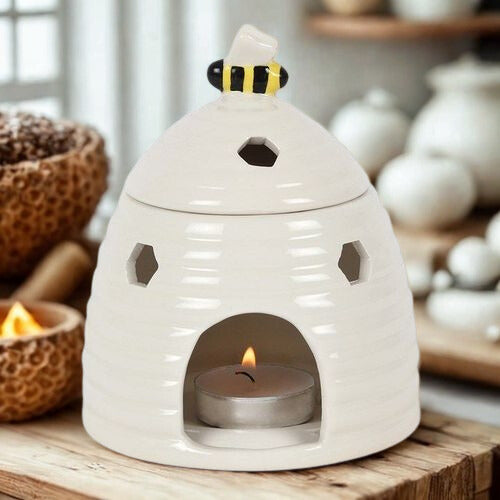 White Beehive Ceramic Oil Burner with Lid