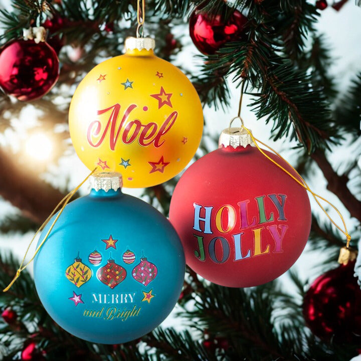 Set of 3 Glass Christmas Baubles – Holly Jolly, Noel & Merry and Bright