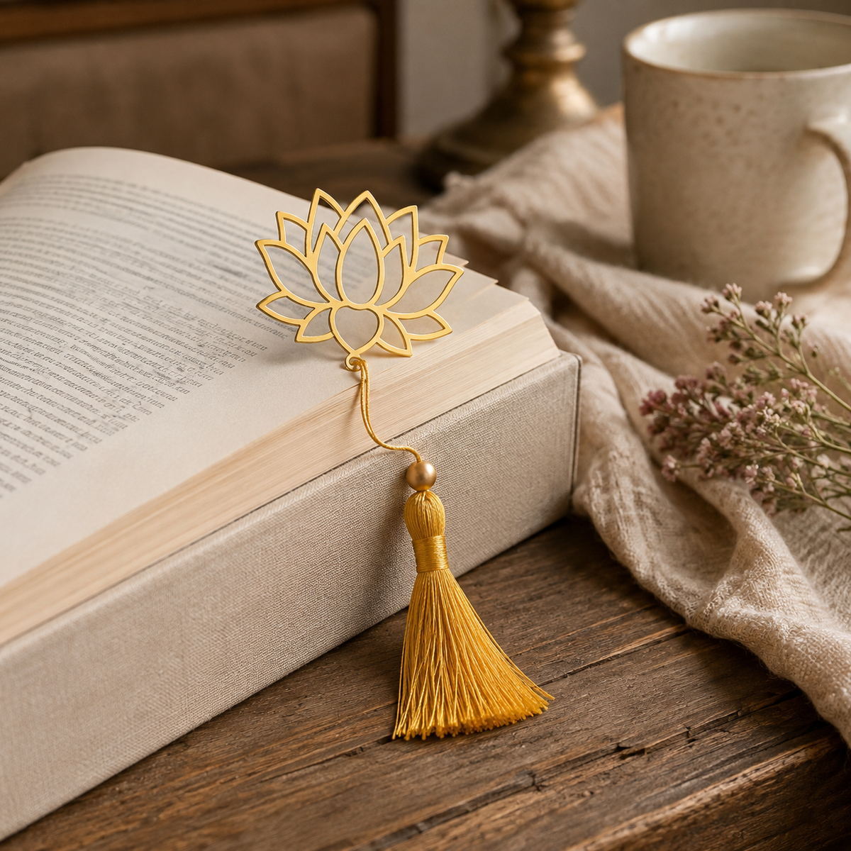 A gold metal lotus bookmark with a hanging tassel rests on the edge of an open book on a wooden table, styled with a beige mug, linen cloth, and dried flowers.