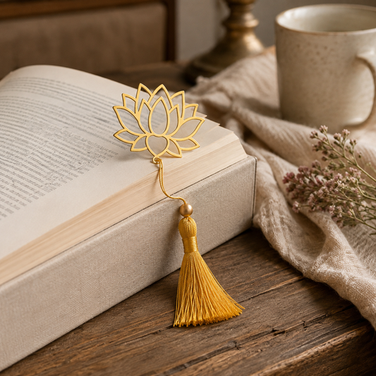A gold metal lotus bookmark with a hanging tassel rests on the edge of an open book on a wooden table, styled with a beige mug, linen cloth, and dried flowers.