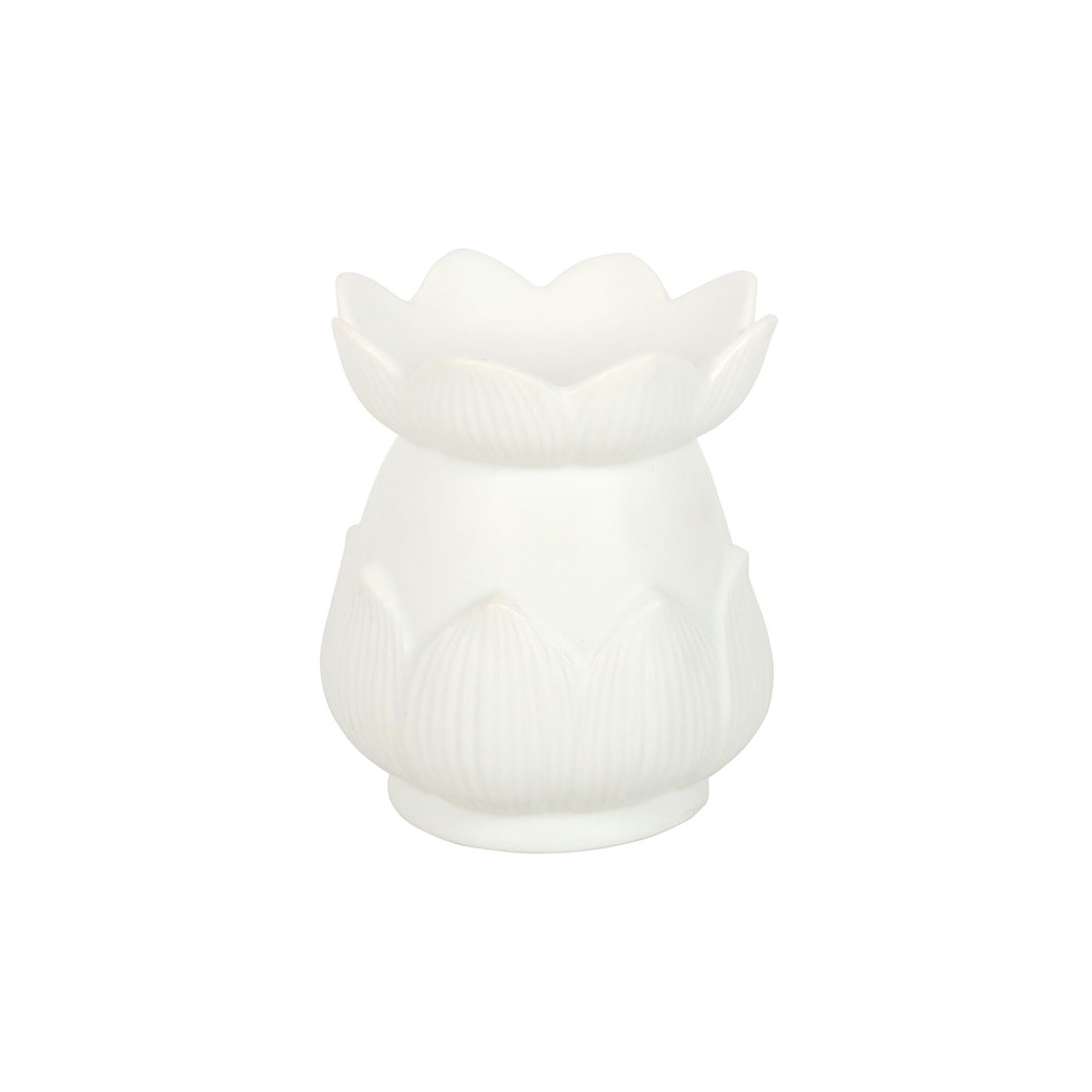 White ceramic lotus flower shaped oil burner on a white background