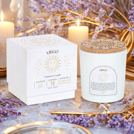 Virgo Zodiac Candle with Clear Quartz Crystals – Sandalwood & Patchouli