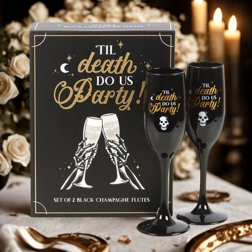 ‘Til Death Do Us Party’ Black & Gold Champagne Glasses – Romantic & Playful