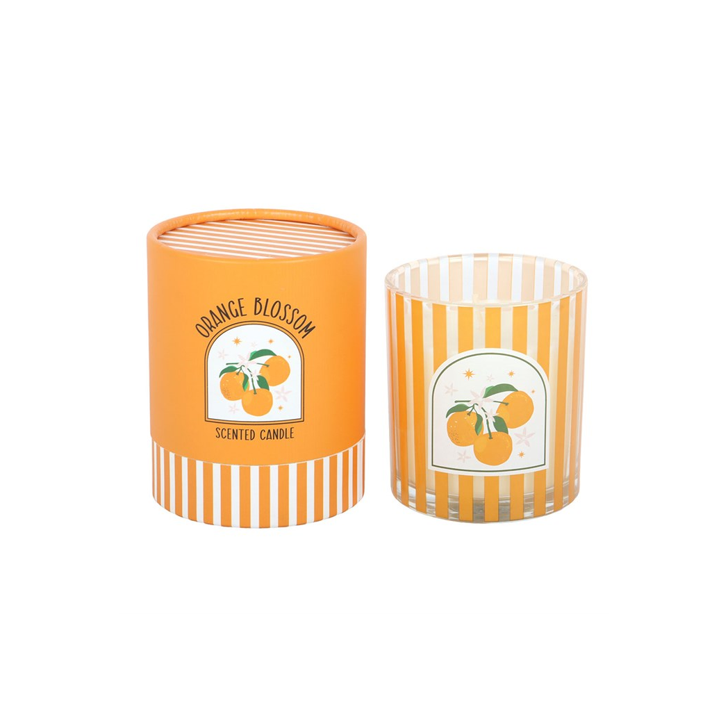 Scented candle with orange blossom design in an orange packaging tube on a white background