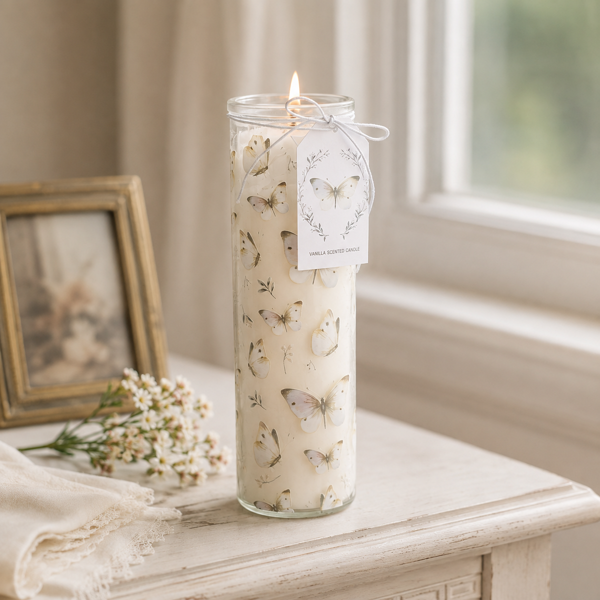 White Butterfly Print Vanilla Tube Candle