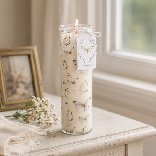 White Butterfly Print Vanilla Tube Candle