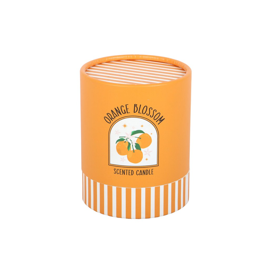 Orange blossom scented candle with striped design on a white background