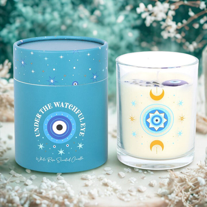 Under Watchful Eyes White Rose Candle with Crystals