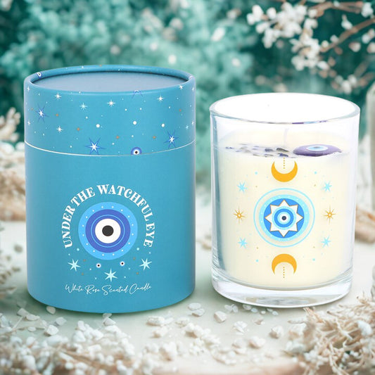 Under Watchful Eyes White Rose Candle with Crystals