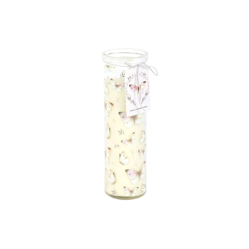 Decorative tube candle with butterfly designs on a white background