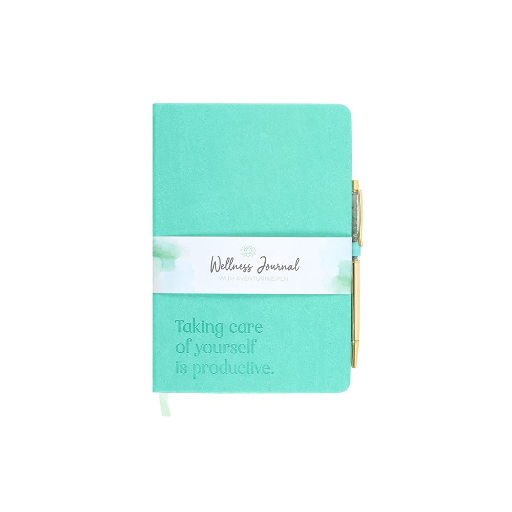 Mint green wellness journal with text on a white background