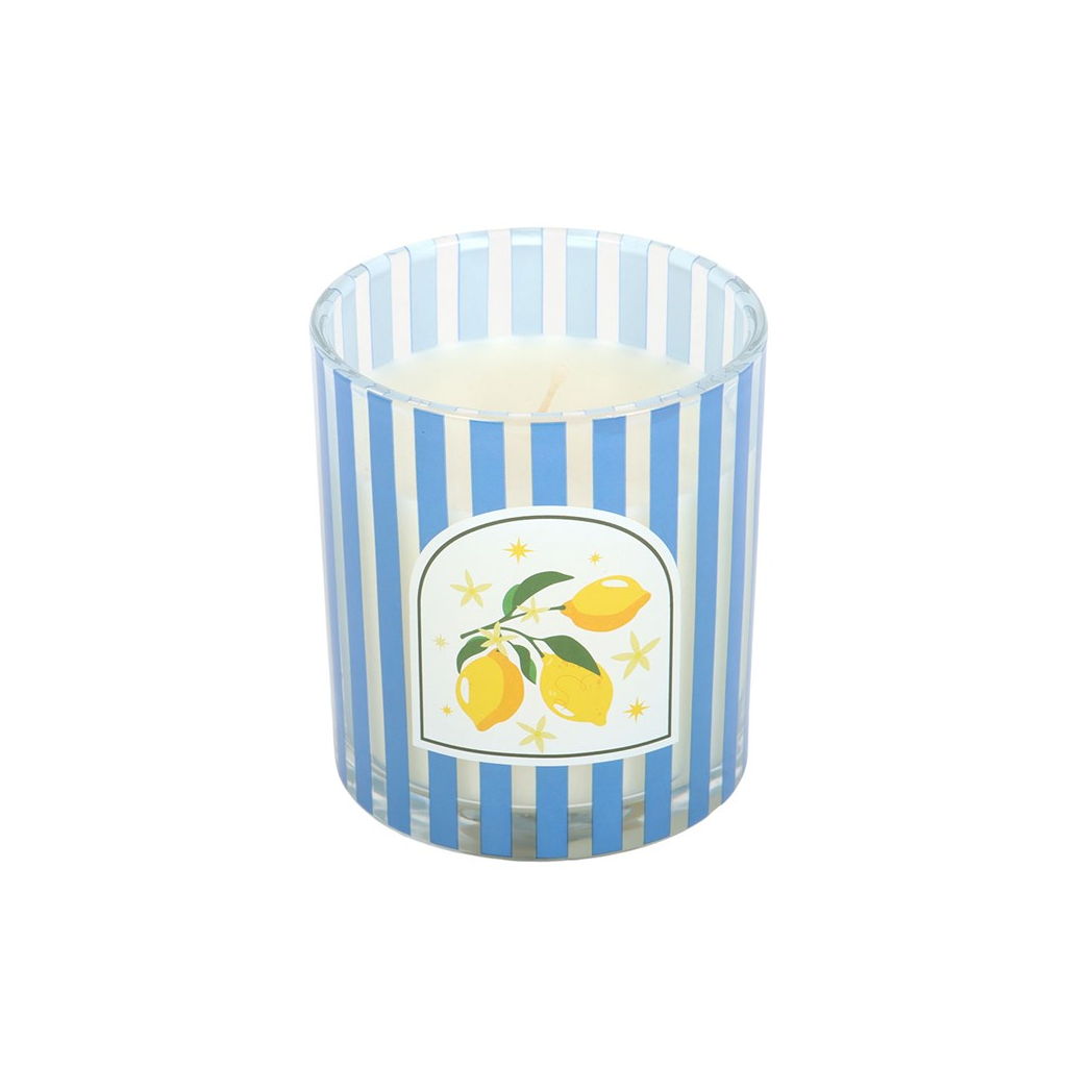 Candle in a blue and white striped container with a lemon design on a white background