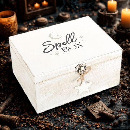 White Wash MDF Spell Box with Star Charm | Witchcraft Storage
