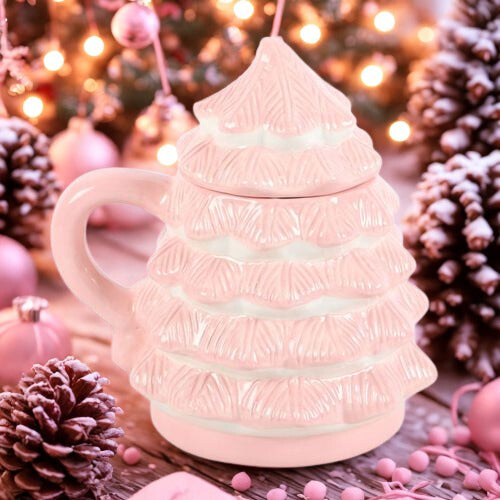Pink Christmas Tree Lidded Mug – Festive Hot Cocoa Treat
