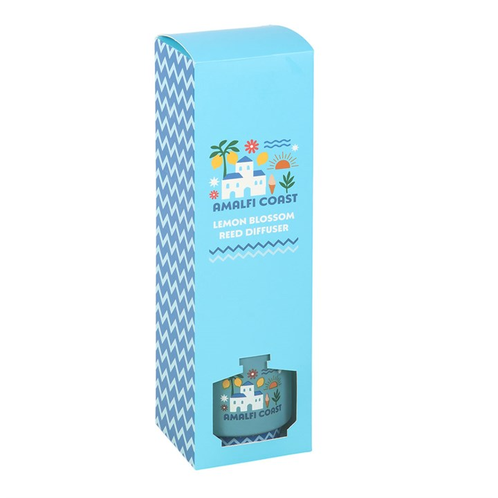 Blue box packaging for Amalfi Coast lemon blossom room diffuser with decorative design.