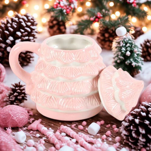 Pink Christmas Tree Lidded Mug – Festive Hot Cocoa Treat